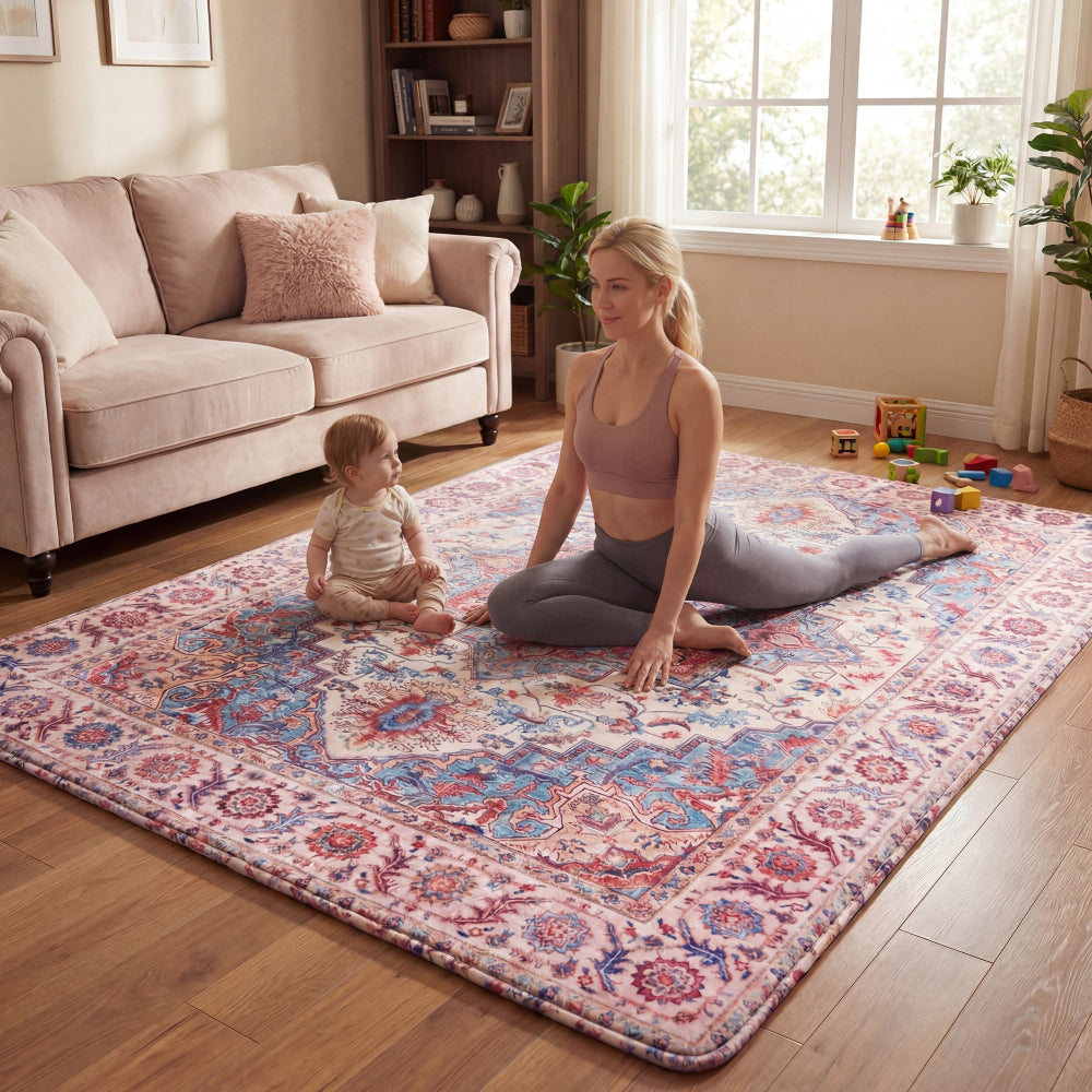 baby crawling on heritage medallion print Huloosleep soft foam floor mat